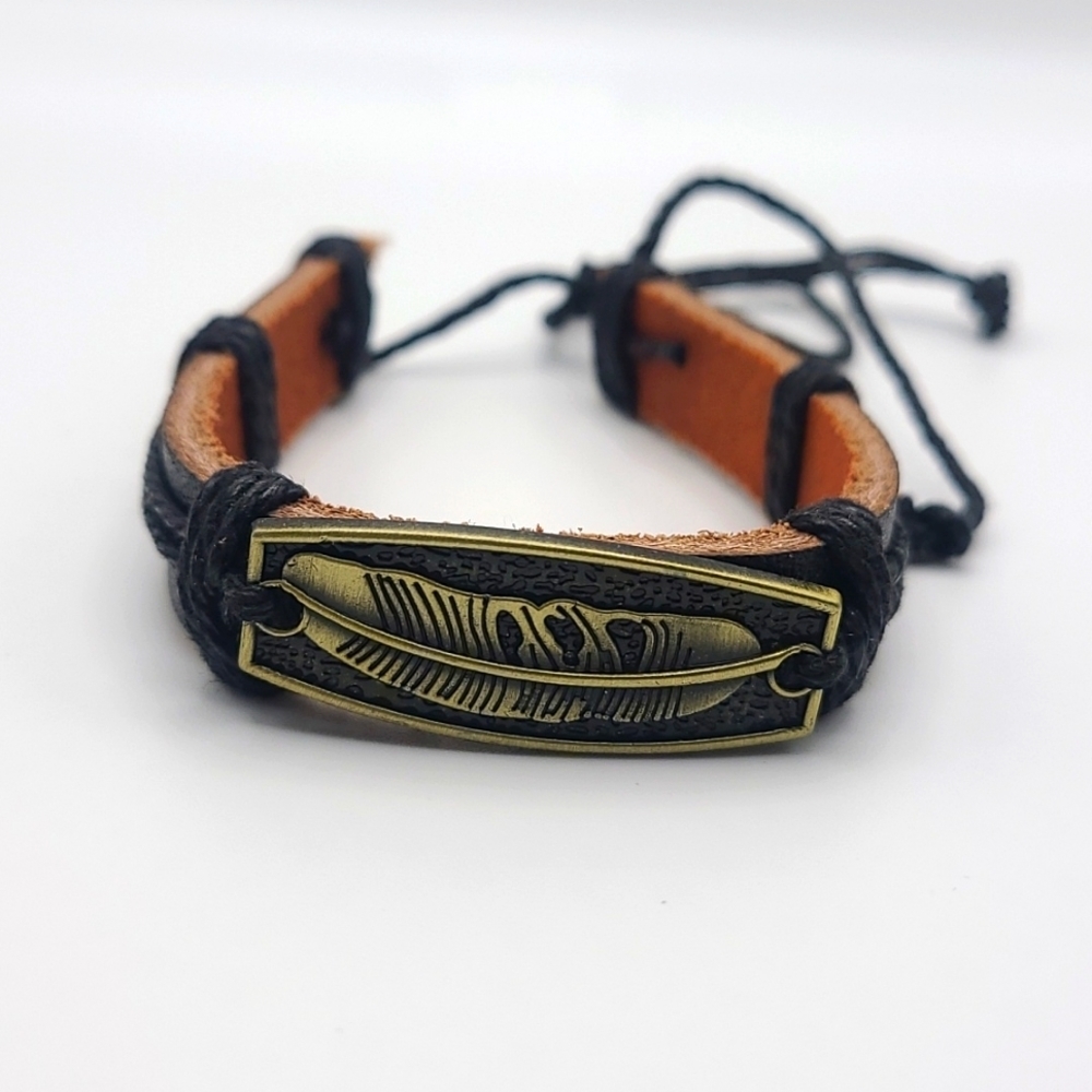 Feather Charm Leather Bracelet – Adjustable Black Slip Tie (NWOT)